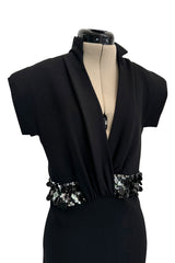 Minimalist Late 1990s Jean Louis Scherrer by Stephane Rolland Black Plunge Dress w Sequin Detailing