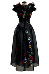 Spring 1981 Unlabeled Christian Dior Floral Print Silk Organza Dress w Ruffled Shoulders