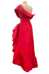 Prettiest 1970s Loris Azzaro Red Silk Gazaar One Shoulder Dress w Ruffled Detailing & Side Bow