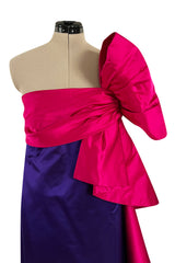 Spring 1984 Bill Blass Runway Purple Silk Dress w One Shoulder Bow & Long Ruffle
