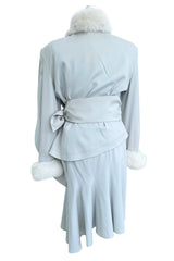 Ultra Rare Fall 1986 Thierry Mugler Ad / Runway Pale Ice Blue Suit w Faux Fur Cuffs & Collar