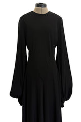 Exceptional 1970s George Stavropoulos Couture Black Silk & Bias Cut Dress w Balloon Sleeves & Flowing Skirt