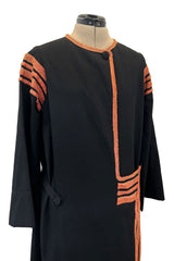 Fabulous 1920s Unlabeled Black Wool & Deep Orange Coral Raffia Trim Flapper Coat or Dress