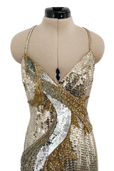Incredible 1970s Loris Azzaro Densely Covered Gold & Silver Sequin, Bead & Silk Chiffon Dress