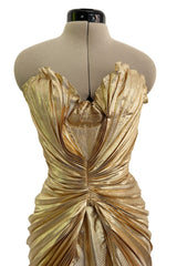 Outstanding Fall 1986 Thierry Mugler Pleated Metallic Gold Lurex Pleated Strapless Bodice 'Shell' Dress