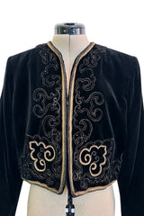 Fantastic 1970s Yves Saint Laurent Cropped Boc Cut Black Velvet Jacket w Metallic Gold Cord Detailing