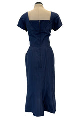 Prettiest 1950s Ceil Chapman Fitted Blue Dress w Hip Pockets & Pleated Bodice Detailing