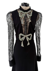 Prettiest 2017 Gucci by Alessandro Michele Black Dress w Lace Sleeves & Iridescent Crystal Bow Detailing