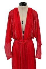 Iconic Resort 1980 Runway Fully Hand Beaded on Red Silk Chiffon Halston w Plunge Front