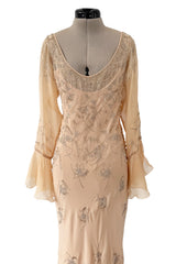 2000s Christian Dior by John Galliano Peach Silk Chiffon & Silver Beaded Bias Cut Dress