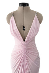 2005 Roberto Cavalli Pale Pink Silk Jersey Plunge Dress w Trained Back
