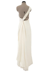 2010s Valentino Ivory Silk Crepe One Shoulder Dress w Draped Back & Rhinestone Buckle