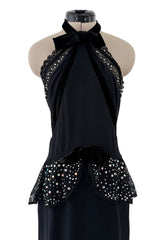 Phenomenal 1997 Christian Lacroix Black Silk Halter Dress w Rhinestone & Velvet Detailing