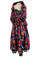 Stunning c 1990 Geoffrey Beene Strapless Sequin Bodice & Floral Silk Taffeta Dress w Shawl