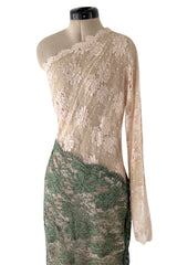Dreamiest 1970s Geoffrey Beene One Shoulder Soft Blush Pink & Moss Green Corded Lace Dress