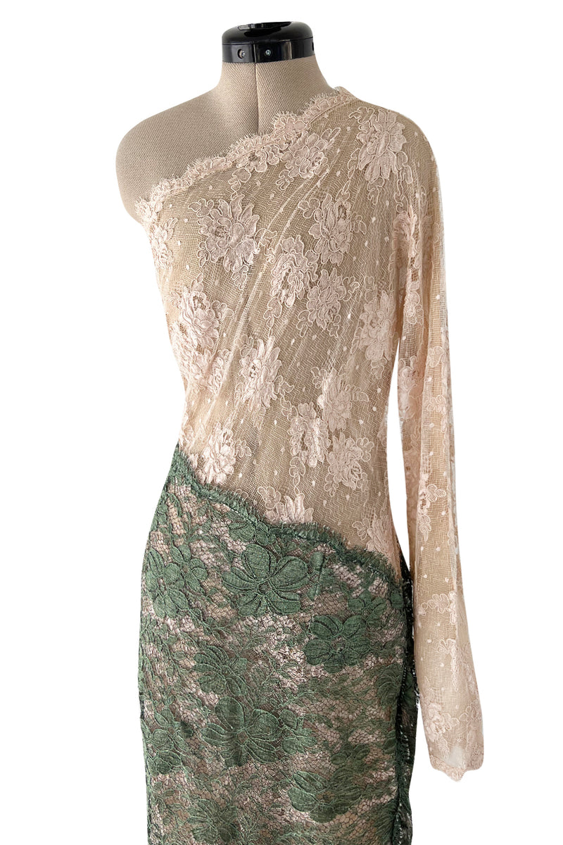 Dreamiest 1970s Geoffrey Beene One Shoulder Soft Blush Pink & Moss Green Corded Lace Dress