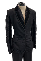 Chic Fall 2002 Yves Saint Laurent by Tom Ford Black Pant Suit w Velvet Trim & Curved Sleeves
