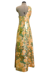 Incredible Spring 1993 Yves Saint Laurent One Shoulder Gold Floral & Peach Dress