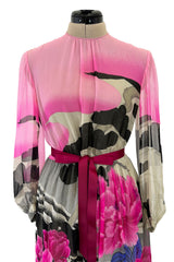 Romantic 1970s Hanae Mori Huge Pink Floral Print Silk Chiffon Dress w Grey Scale Backdrop