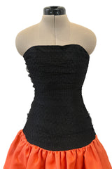Spring 1987 Yves Saint Laurent Runway Strapless Dotted Net Mini Dress w Coral Skirt