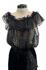 Rare Fall 1978 Yves Saint Laurent Runway Metallic Gold & Black Ruffle Top & Wrap Skirt Set