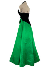 Fall 1987 Arnold Scaasi Black Strapess Velvet & Green Full Skirt Silk Dress