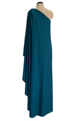 Prettiest 1978 Halston Dark Teal Jersey One Shoulder Draped Full Length Maxi Dress