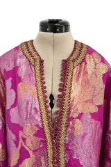 Stunning 1970s Jean Louis Metallic Pink Gold & Silver Caftan Dress w Gold & Pink Braiding