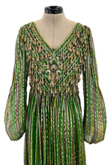 Exquisite 1960s James Galanos Metallic Green & Gold Silk Dress w Heavily Beaded Bodice