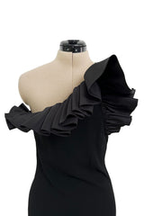 Fabulous 1980s Bill Blass One Shoulder Black Crepe Dress w High Taffeta Ruffle Detail