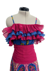 Incredible 1970s Jean Patou Printed Silk Organza Dress w Layered Ruffled Neckline & Hem