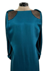 Amazing 1980s Bill Blass Bias Cut Deep Teal Silk Dress w Bead Detailing & Draped Low Back