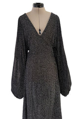 Fabulous 1970s Ossie Clark Metallic Silver & Black Lurex Knit Lame Plunge Dress