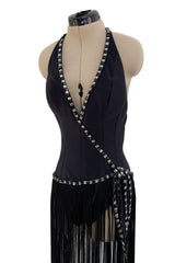 Early 1970s Bob Mackie Unusual Fringed Shaped Bodysuit Showgirl Costume Dress Piece
