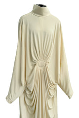 1970s Yuki by Gnyuki Torimaru for Rembrandt Ivory Jersey Caftan Dress W Gathered Front