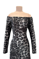 Iconic Fall 1989 Patrick Kelly Off Shoulder Silver Leopard Print Dress in a Soft Stretch Velour