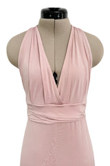 Prettiest 2000s Gianni Versace Pale Dusty Pink Plunge Stretch Jersey Halter Dress w Open Back