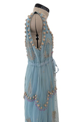 Prettiest Vintage Unlabeled Dusty Pale Blue Net Applique & Embroidered Dress w Ribbon Waist Tie