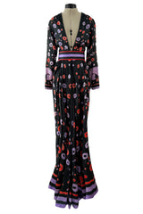 Rare Spring 1979 Chloe by Karl Lagerfeld Floral & Stripe Print Silk Dress w Matching Striped Belt
