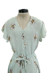 Prettiest 1930s Unlabeled Blue Handpainted Floral Dress Made of Unusual Woven Fabric
