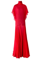 1970s Giorgio Sant'Angelo Red Silk ChiffonDress w Pink Silk Chiffon Lining & Prettiest Gusset Skirt