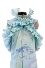 Dreamy Spring 1974 Lanvin by Jules-Francois Crahay Pale Blue Print Silk Chiffon Ruffle Dress