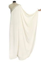 Beautiful 2000s Emilio Pucci Ivory Silk One Shoulder Caftan Dress w Gold & White Beaded Detail