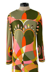Fantastic 1960s Emilio Pucci Green Pink Coral & Orange Abstract Print Silk Jersey Dress