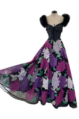 1990s Nina Ricci by Gerard Pipart Haute Couture Black Off Shoulder Dress w Hand Quilted Floral Skirt