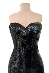 Incredible 1976-1978 Loris Azzaro Strapless Glossy Black Sequin Dress wLayered Net Tulle Skirt