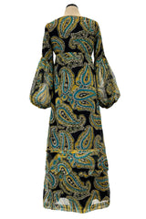 Rare 1960s Thea Porter Couture Printed Silk Chiffon Dress w Gold Sequins & Gold Metal Thread Detailing