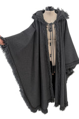 Phenomenal Fall 1977 Yves Saint Laurent Runway Deep Charcoal Grey Fringed Cape w Hood