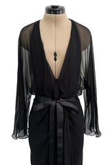 Minimalist Mid-1970s Halston Black Bias Cut Silk Chiffon Wrap Dress w Wide Sleeves