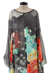 1970s Hanae Mori Silk Twill & Chiffon Caped Overlay Caftan Dress